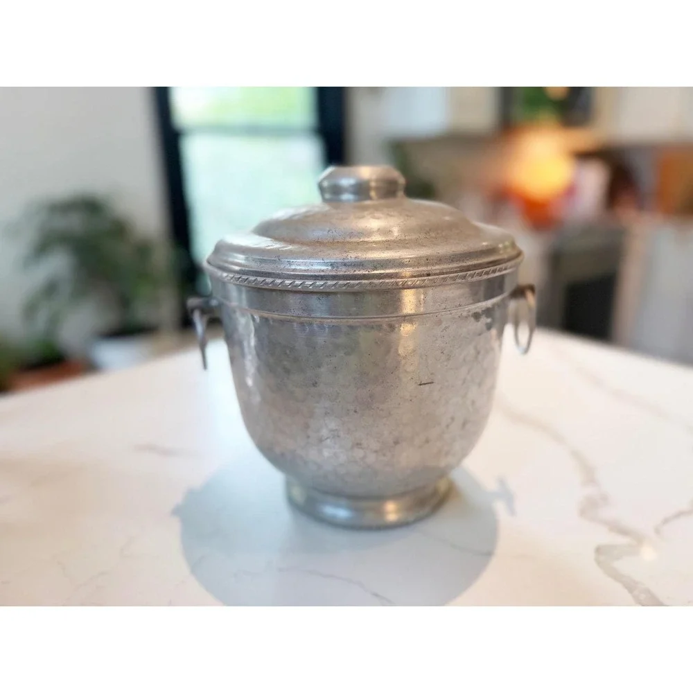Vintage Hammered Aluminum Ice Bucket‎ with Lid and Handles Mid Century Modern